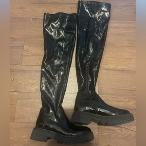 Black Patent Thigh High Combat Boots